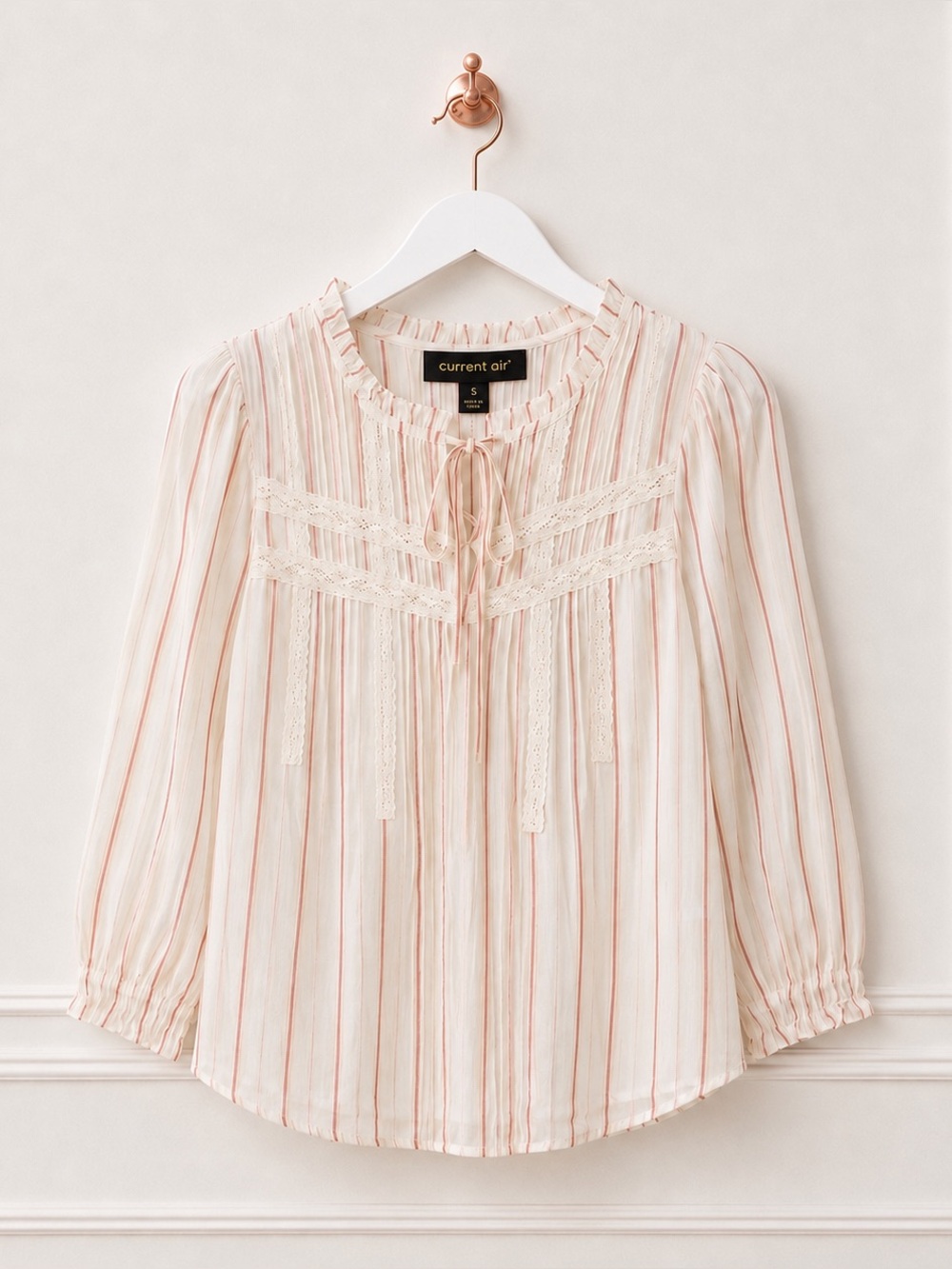 Current Air Anthropologie Womens Small Ivory Rust Stripe Lace Ruffle Blouse